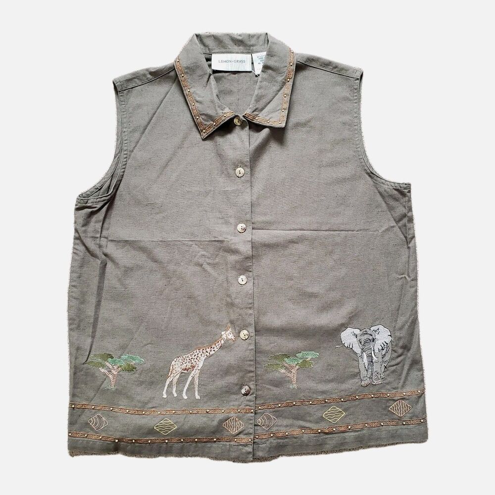 Vintage Lemon Grass Sleeveless Top Embroidered Safari Animals Trees Green Med